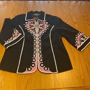 Bob Mackie Wearable Art Embroidered Cut out zip up 3/4 length sleeve blazer